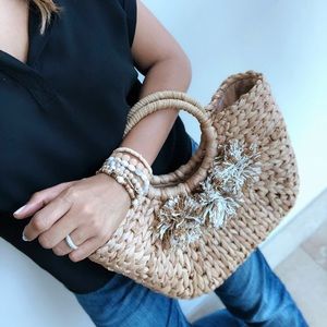 Street Level Bags - {STREET LEVEL} TAN POM POM STRAW BAG Street Level Bags - {STREET LEVEL} TAN POM POM STRAW BAG